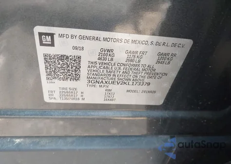 2019 Chevrolet Equinox Lt из США, поврежденный, VIN 3GNAXUEV2KL173379